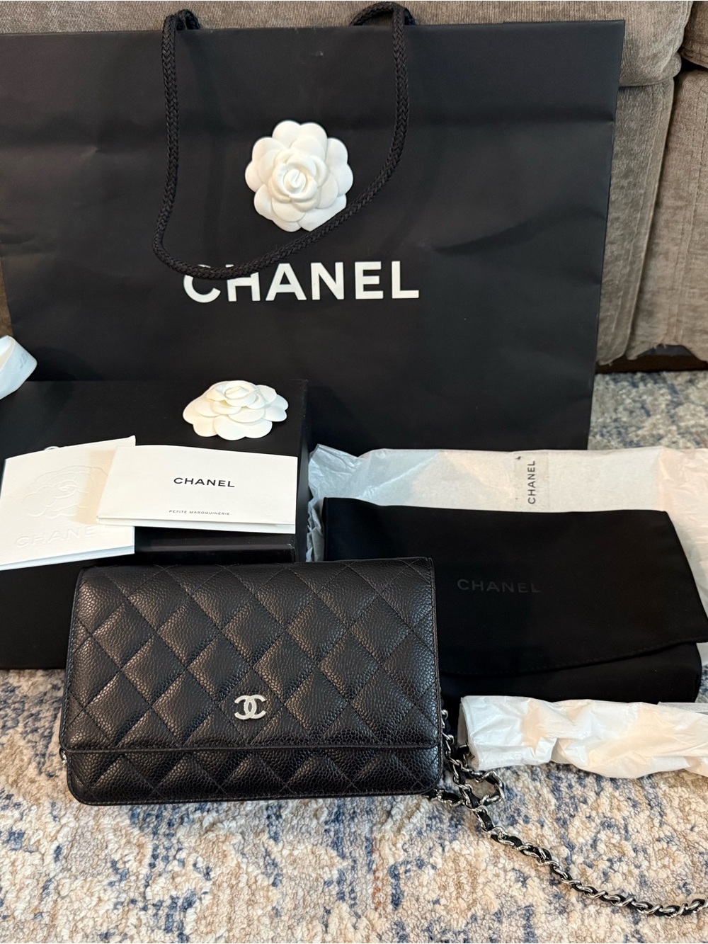 CHANEL Black Quilted Caviar Leather Crossbody Bag with Silver CC